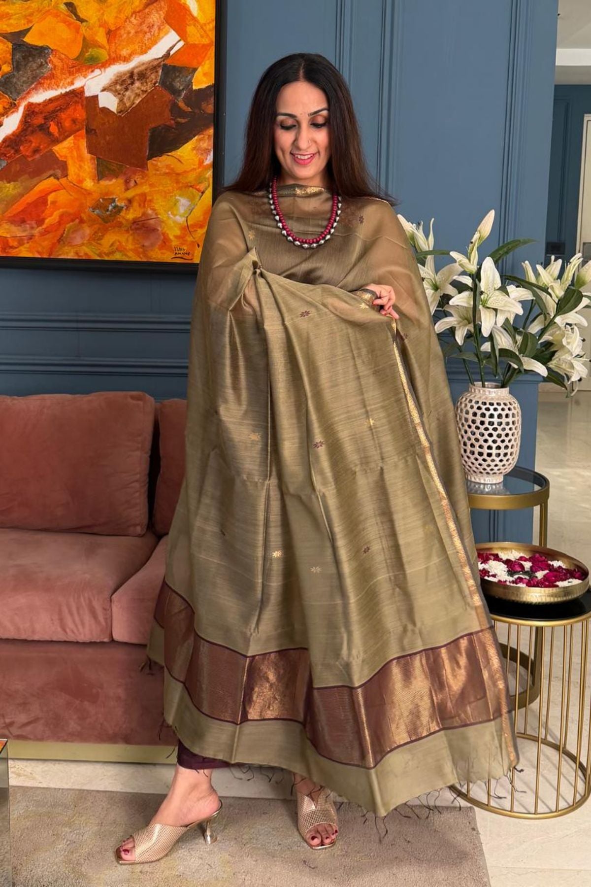 Maheshwari handloom silk by cotton kurta dupatta set
